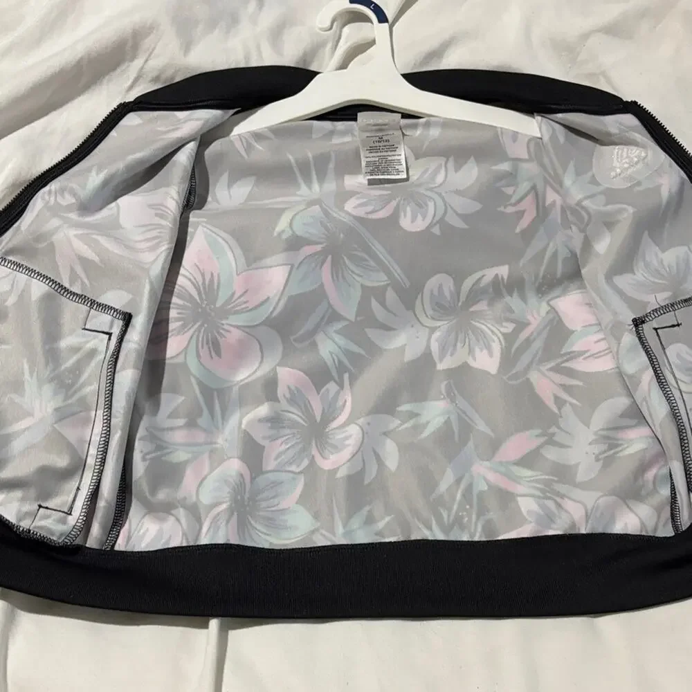 Adidas Kids Floral track Jacket 10/12- Black, Pink, and Green euc like new